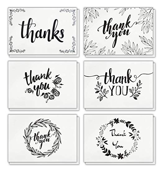 120 Elegant White Kraft Paper Thank You Cards with Brown Kraft Envelopes and Stickers - 6 Designs Bulk Blank Notes for Wedding, Business, Formal, Baby Shower and All Occasions 4x6 Inch