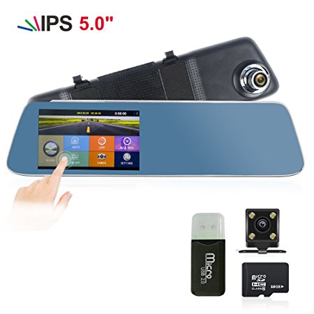 Mirror Dash Cam 5.0'' IPS Touch Screen Full HD 1296P Mirror Cam with IP 68 Waterproof Rear View Car Camera Superior Night Mode Advanced Dashcam Parking Mode with 16GB TF Card