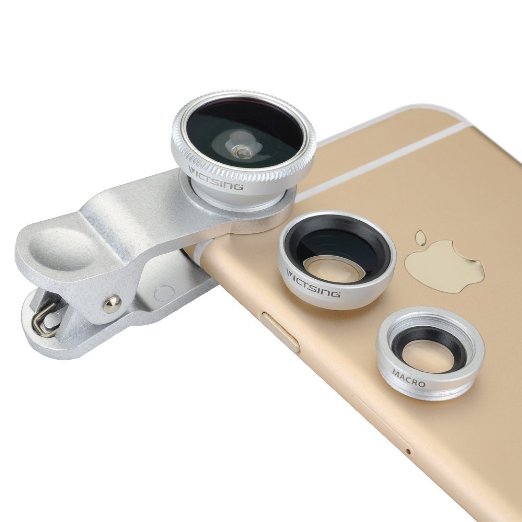 VicTsing Clip 3-in-1 180°Fish-Eye Lens Wide Angle Lens Micro Lens Camera Lens Kits for iPhone,iPad mini/Air,Samsung Galaxy/Note,Sony Xperia,HTC ONE,Phones with Flat Camera - Retail Packaging - Silver