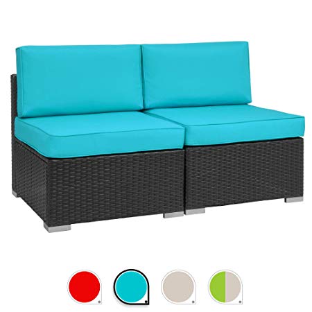 Walsunny 2pcs Patio Outdoor Furniture Sets,Low Back All-Weather Rattan Sectional Sofa with Washable Couch Cushions (Black Rattan) (Loveseats Blue)