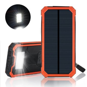Solar Charger, Stoon® 10000mAh Portable Solar Power Bank Panels Outdoors Backup Charger Dual USB Cell Phone Charger External Battery Packs with Hook LED Flashlight for Emergency Camping (Orange)