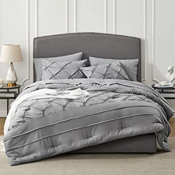 Hansleep Pintuck Grey Queen Comforter Sets - 7 Pieces Queen Bed in A Bag，Grey Bedding Sets Queen with Pinch Pleat Comforters, Sheets, Shams & Pillowcases Full Queen Size Bed Set