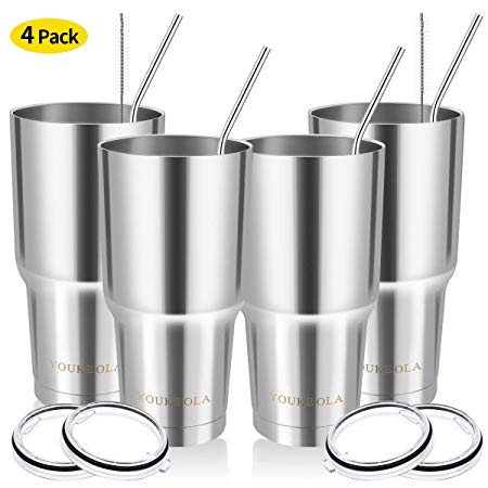 Stainless Steel Tumbler 30oz - Vacuum Insulated Tumbler Coffee Cup Double Wall Large Travel Mug with Lid, Straw, Brush, Gift Box Set (Silver, 30oz-4 Pack)
