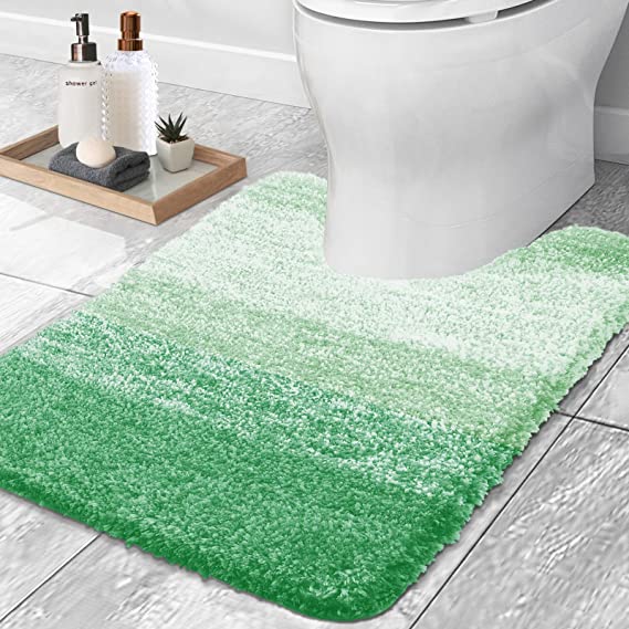 OLANLY Luxury Toilet Rugs U-Shaped, Extra Soft and Absorbent Microfiber Bathroom Rugs, Non-Slip Plush Shaggy Toilet Bath Mat, Machine Wash Dry, Contour Bath Rugs for Toilet Base, 24x20, Green