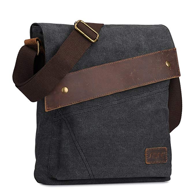 S-ZONE Men Crazy Horse Leather Vintage Canvas bag Single Shoulder Multi-function Business Messenger Satchel Bag (Dark Grey)