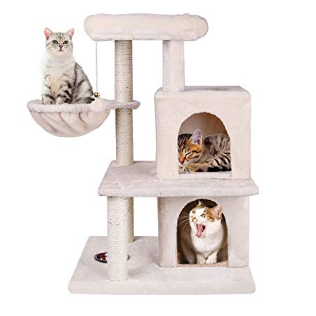 ZNWIYE Cat Tree Condo Furniture Kitten Activity Tower, Sturdy Cat Tree with Feeding Bowl, Cozy Basket with 2 Condos