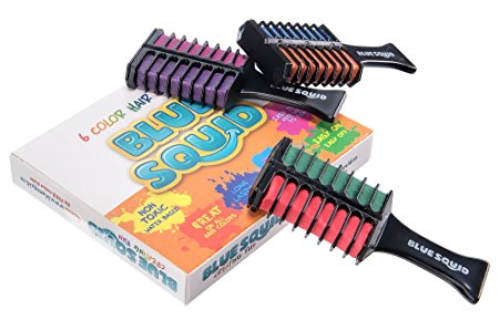 Hair Chalk by Blue Squid | 6 Colors on 3 Double Sided Brush Applicators | Colored Shimmer Temporary Hair Dye | Safe for Kids, Teenage Girls, Boys & Women | No Spray Easy Shampoo Out | Dark Red Blue