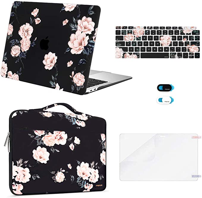 MOSISO MacBook Air 13 inch Case 2020 2019 2018 Release A2179 A1932 Retina, Plastic Hard Shell&Sleeve Bag&Keyboard Cover&Webcam Cover&Screen Protector Compatible with MacBook Air 13, Apricot Peony