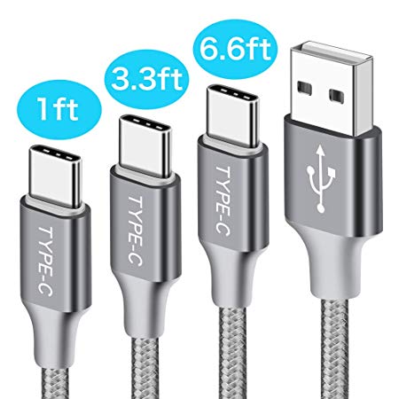 USB Type C Cable,3-Pack(1ft 3.3ft 6.6ft) Short USB C to USB A Fast Charging Nylon Braided Charger Cord Compatible Samsung Galaxy S9 S8 Plus Note 9 8,LG V20 30 G6 G5,Google Pixel 2 XL,Nintendo(Grey)