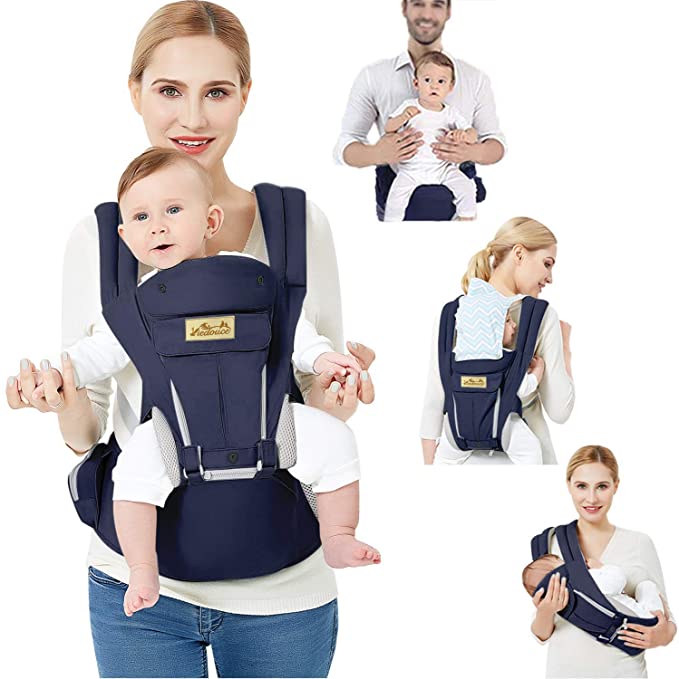 Viedouce Baby Carrier Ergonomic for Newborn,Pure Cotton Front Back Child Carrier with Detachable Hood Multi-Position Soft Backpack Carrier,Complete Safety Protection(0-48 Months) (Dark Blue)