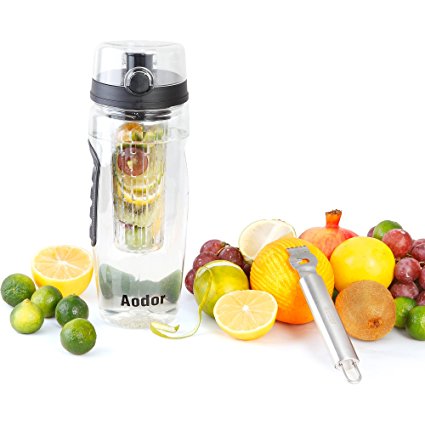 Aodor Fruit Infuser Water Bottle - Large 1000ml - Create Delicious Fruit Infused Drink (Juice, Iced Tea, Lemonade and More ) - Leak Proof & BPA Free Tritan Plastic - Best Gift for Sports, GYM, Yoga, Traveling