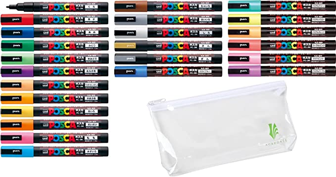 Uni POSCA Paint Marker Pen - Fine Point - Non alcohol - odorless water resistant pen maker - Set of 24 (PC-3M15C & PC-3M7C & Gold & Silver) with Original vinyl pen case