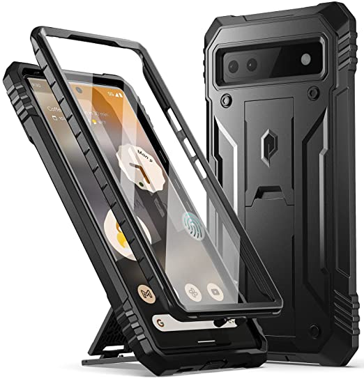 Poetic Revolution Series Case for Google Pixel 6A 5G, Built-in Screen Protector Work with Fingerprint ID, Full Body Rugged Shockproof Protective Cover Case with Kickstand, Black