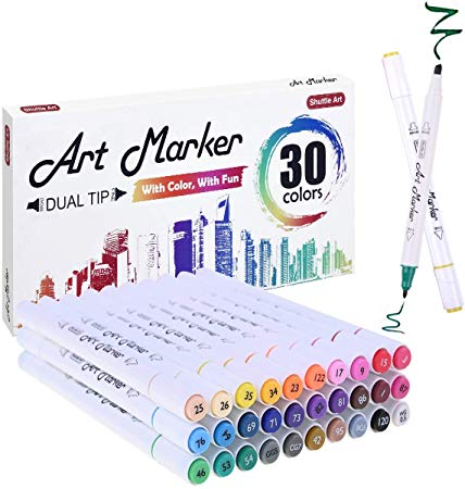 30 Colours Dual Tip Alcohol Based Art Markers,Shuttle Art Alcohol Marker Pens Perfect for Kids Adult Colouring Books Sketching and Card Making