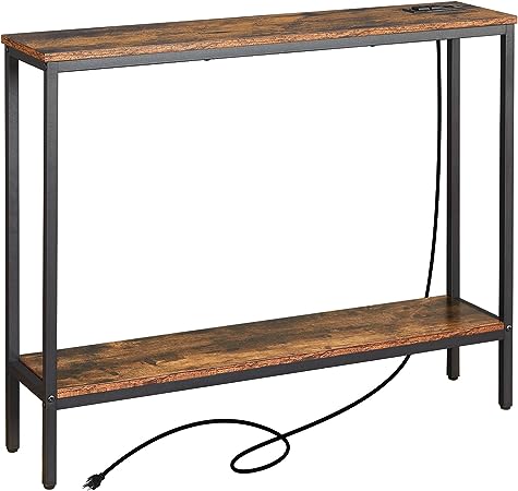 ELYKEN Console Table with Charge Station, 8.7" Dx39.4 Wx31.1 H Sofa Table, 2-Tier Entry Table with Storage Shelf, Slim Skinny Behind Couch Table for Living Room Hallway Foyer Corridor, Rustic Brown