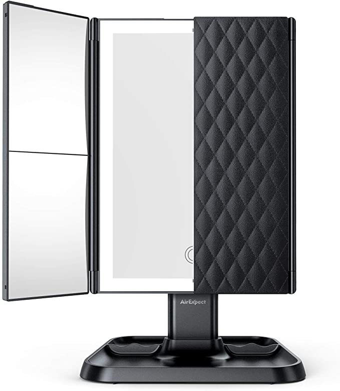 AirExpect Makeup Mirror 3 Color Modes Vanity Mirror - 72 LED Lights Trifold Mirror, Touch Control Design, 2x/3x Magnification, Portable High Definition Cosmetic Lighted Up Mirror-Black