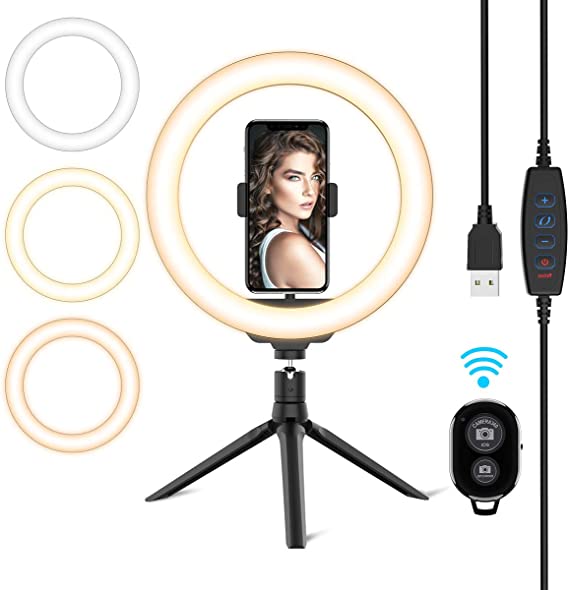 10.2'' LED Selfie Ring Light with Tripod Stand & Phone Holder - Dimmable Desk Makeup Ring Light with 3 Light Modes for Photography/Shooting/Live Streaming/YouTube Video, Compatible with iPhone Android