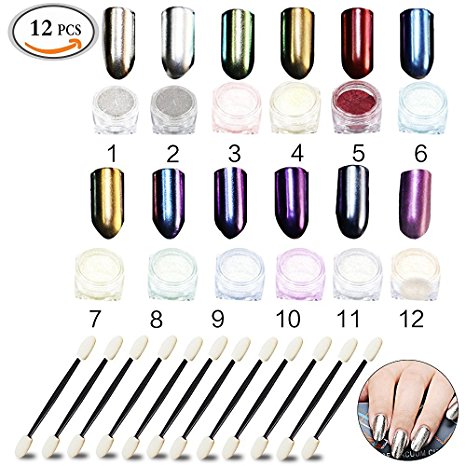 MLMSY 12 Box Sets Shinning Chrome Refective Nail Glitter Powder Nail Art Decoration with Nail Brushes 12 color