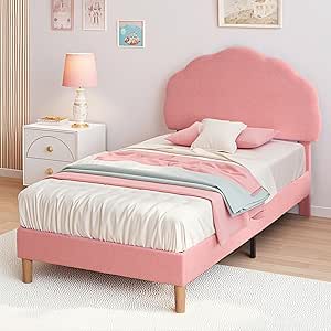 VECELO Twin Size Bed Frame, Upholstered Platform Bedframe with Height Adjustable Plush Fabric Headboard, Strong Wood Slat Supports, No Box Spring Needed, Pink