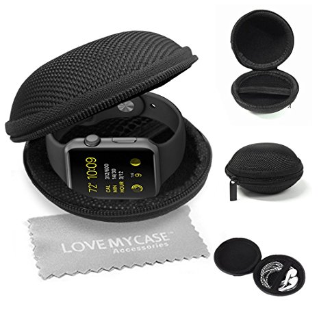 LOVE MY CASE / BLACK Tough Fabric Case, cover, shell, Holder - Hard Clamshell Case with Zip Enclosure, designed Inner Pocket, Durable Exterior For Apple Watch Sport with Love my Case Cleaning cloth