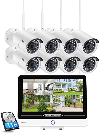 ZOSI 2K All in one Wireless Security Camera System with 12.5 inch LCD Monitor,8PCS 3MP Outdoor Indoor IP CCTV Cameras,80ft Night Vision,1TB Hard Drive,for Home Business 24/7 Recording,Remote Access