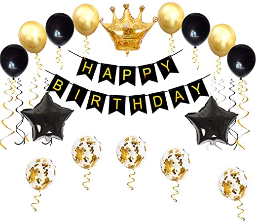 Birthday Party Decorations KIT - Happy Birthday Banner, Gold Crown Balloon Gold and Black Latex Balloons, Perfect Party Supplies