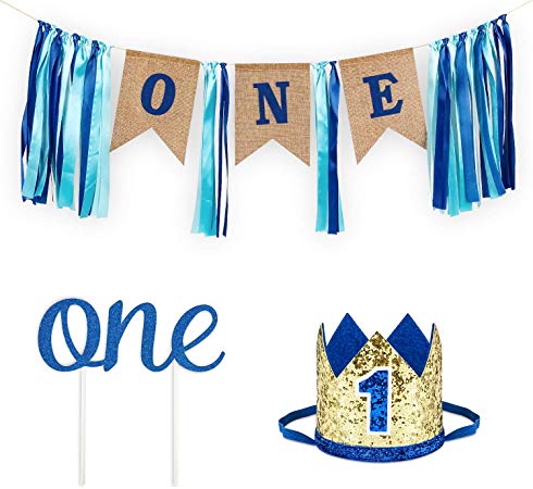 1st Birthday Boy Decorations with Burlap Highchair Banner, Cake Topper, Blue Hat Crown for Happy First Birthday Party Decoration Supplies