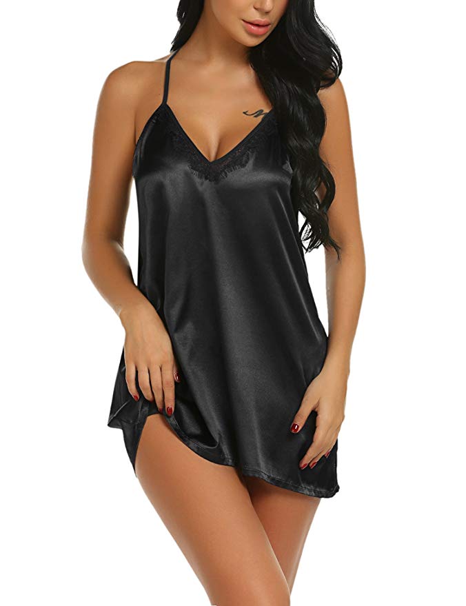 ELOVER Satin Nightgown Women Full Slip Satin Slip Dress Sexy Lingerie V Neck Sleepwear Lace Nightwear Backless Chemise