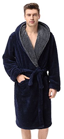 FLYCHEN Men's Soft Hooded Bathrobe Housecoat With Belt Dressing Gown