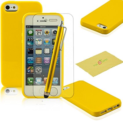 Fulland Premium Slim Fit Yellow Flexible TPU Gel Soft Skin Case Cover For Apple Iphone 5 5S 5G 5TH Plus Stylus Pen & Screen Protector