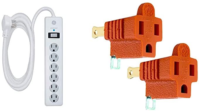 GE 6 Outlet Surge Protector, 10 Ft Extension Cord, Power Strip, 800 Joules, Flat Plug, White, 14092 & Polarized Grounding Adapter 2 Pack, Turn 2-Prong Outlets to 3-Prong Outlets, Orange