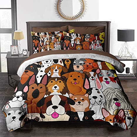 BlessLiving 8 Piece Colorful Dog Comforter Twin Cute Animals Bedding Set, Bed in A Bag for Kids Boys Girls - 1 Comforter, 2 Pillow Shams, 1 Flat Sheet, 1 Fitted Sheet, 1 Cushion Cover, 2 Pillowcases