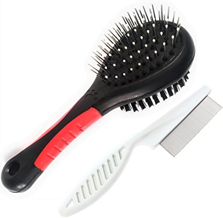 2-in-1 Pet Brush Small and Flea Comb Set - Double Sided Grooming Tool Pin & Bristle Brush - For Dogs Cats Rabbits Guinea Pigs Puppies with Short Medium or Long Hair by Furrep