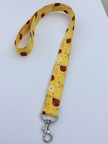 Yellow Ladybug Lanyard ID Badge Key Holder Keeper Fabric White Daisies with Red and Yellow