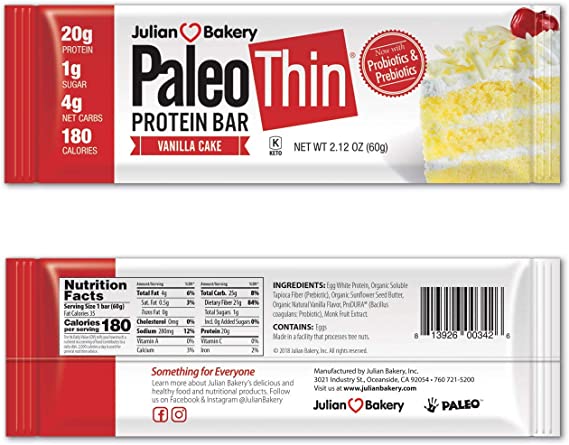 Julian Bakery Paleo Thin Protein Bar | Vanilla Cake | Egg White Protein | 20g Protein | 4 Net Carbs | Gluten-Free | 12 Bars