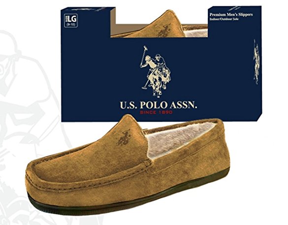 U.S. Polo Assn. Premium Men's Slippers Indoor Outdoor Sole Faux Shearling Flannel Lined Slippers - Comes Boxed and Ready for Holiday Gift Giving