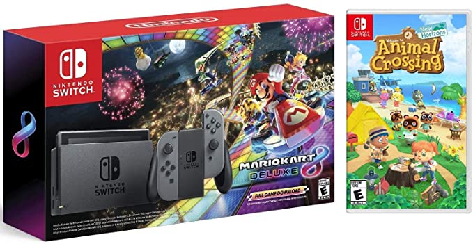 Nintendo Switch HAC 001 with Gray Joy-Con   Mario Kart 8 Deluxe (Full Game Download) & Animal Crossing: New Horizons (Disc) Game Bundle