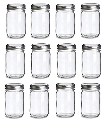 12 pcs, 12 oz Mason Glass Jars with Silver Lids by Premium Vials
