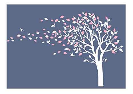 LUCKKYY Tree Blowing in The Wind Tree Wall Decals Wall Sticker Vinyl Art Kids Rooms Teen Girls Boys Wallpaper Murals Sticker Wall Stickers Nursery Decor Nursery Decals (Pink White)