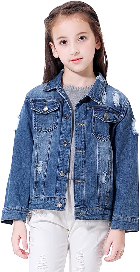 HOLIEBEE Casual Kids Girls Jean Jacket Long Sleeve Button Down Ripped Denim Coat Outerwear 4-14 Years