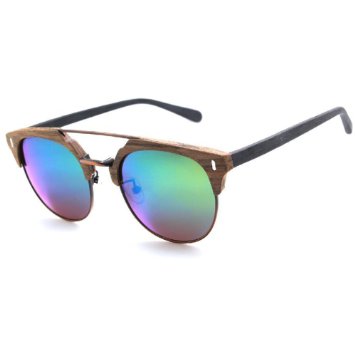TIJN Faux Wooden Top Clubmaster Frame Polarized Sunglasses with Reflective Lens