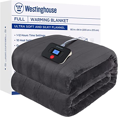 Westinghouse Electric Blanket Flannel | 80x84 inch Warming Heated Blanket, 1-12 Hour Time Setting, Machine Washable, Charcoal