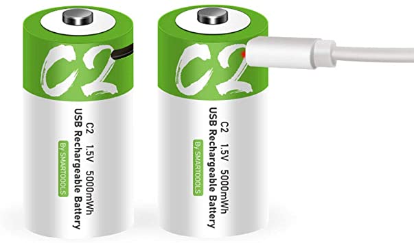 Rechargeable C Batteries 1.5V 5000mWh USB Lithium ion Rechargeable C Battery with USB Type C Charging Cable, High Capacity Fast Charge, 1200 Cycles Constant Output, Over-Charge Protection,2-Pack