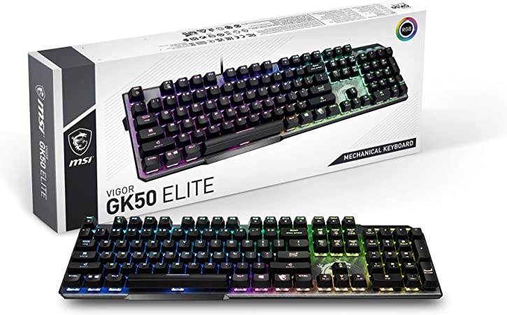 MSI Vigor GK50 Elite Box White Mechanical Gaming Keyboard - Kailh Box White Switches (Clicky), Ergonomic Keycaps, Brushed Metal Finish, Anti-Slip Base, Per-Key RGB Mystic Light, USB 2.0 - Full-Sized