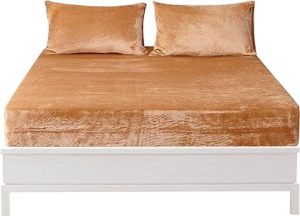 Jepson Fur Velour Flannel Fitted Bed Sheet Only 16 Inch Deep Pocket Stay On with Elastic Around Winter Warm Fuzzy Bottom Sheet,Full Khaki