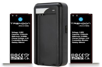 Galaxy S5 mini Battery, TrendON [2 Batteries   Charger] Samsung Galaxy S5 mini - 2 X 2100 mAh [Long Lasting] Spare Replacement Li-ion Battery Combo with Portable USB Travel Wall Charger (non-NFC) [12-Month Warranty] (For Samsung Galaxy S5 mini Verizon, AT&T Sprint, T-mobile, Unlocked)