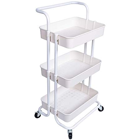 NiDream Bedding 3-Tier Rolling Utility Cart, Storage Trolley Cart, Heavy Duty Mobile Storage Organizer with Handles and Lockable Wheels, Storage Cart with Mesh Baskets, White