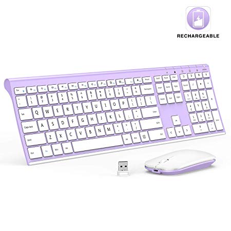 Rechargeable Wireless Keyboard Mouse, Jelly Comb 2.4GHz Ultra Slim Full Size Wireless Keyboard Mouse Combo for Laptop, Notebook, PC, Desktop, Computer, Windows OS (White and Purple)