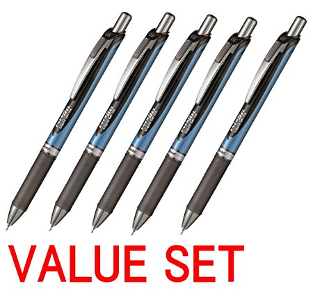 Pentel EnerGel Deluxe RTX Retractable Liquid Gel Pen,0.5mm, Fine Line, Needle Tip, Black Ink / Blue Body /Value set of 5 (With Our Shop Original Product Description)