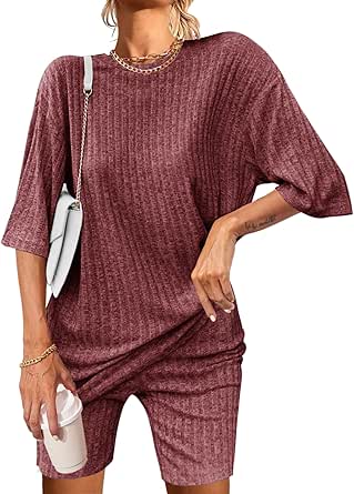 Ekouaer Pajamas 2 Piece Lounge Sets Ribbed Knit Matching Outfits T-shirt Biker Shorts Sleepwear Loungewear Sweatsuits